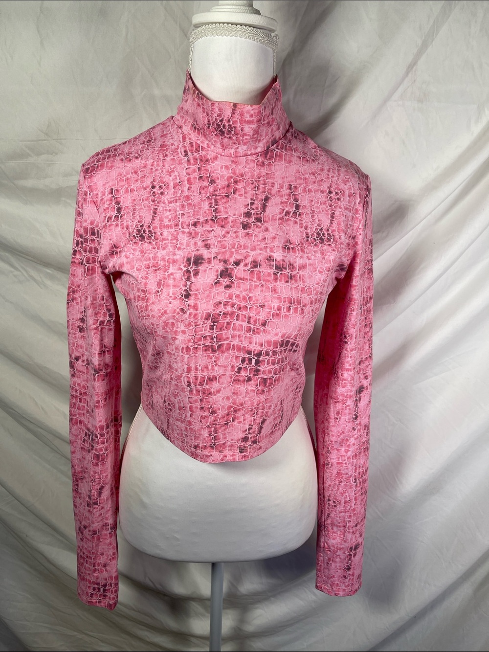 Bershka Pink Mock Neck Long Sleeve Top with Textured Print